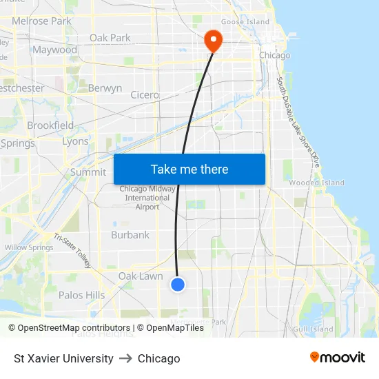 St Xavier University to Chicago map