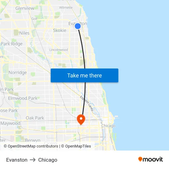 Evanston to Chicago map