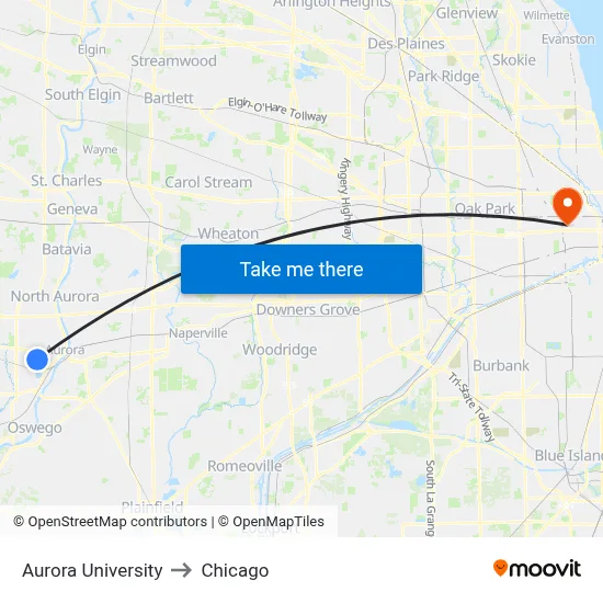 Aurora University to Chicago map