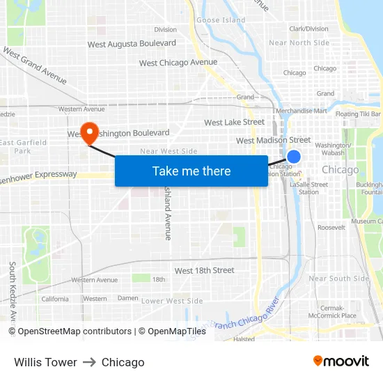 Willis Tower to Chicago map