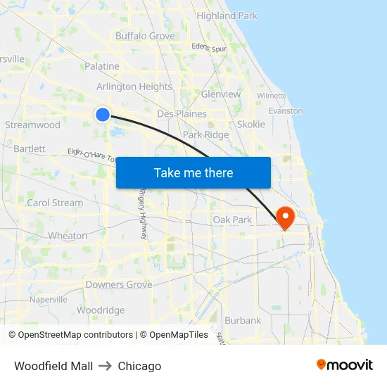 Woodfield Mall to Chicago map