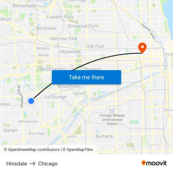 Hinsdale to Chicago map