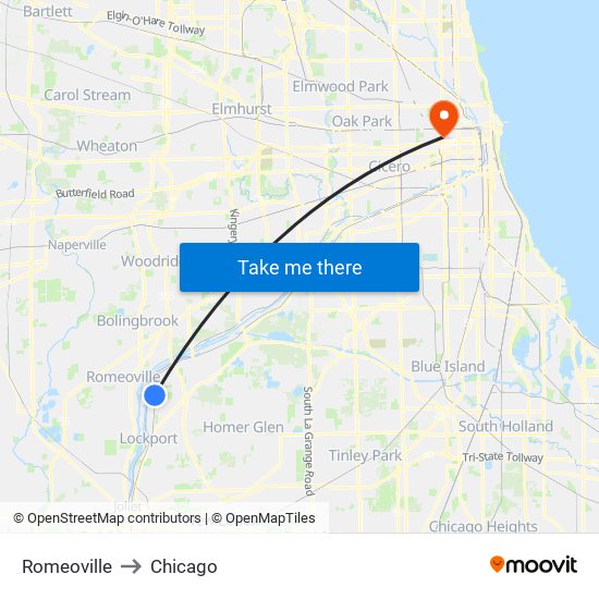 Romeoville to Chicago map