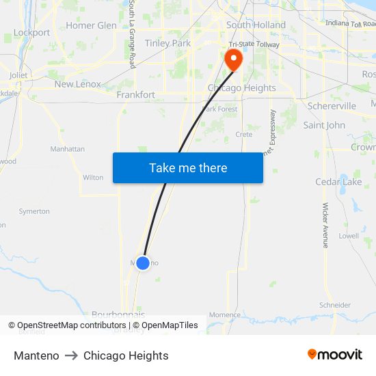 Manteno to Chicago Heights map