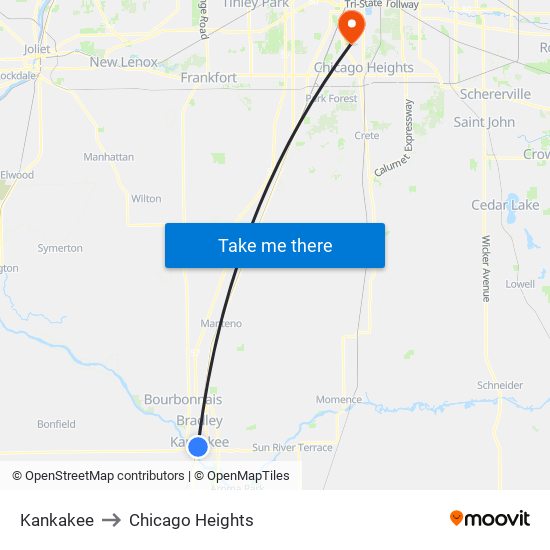 Kankakee to Chicago Heights map