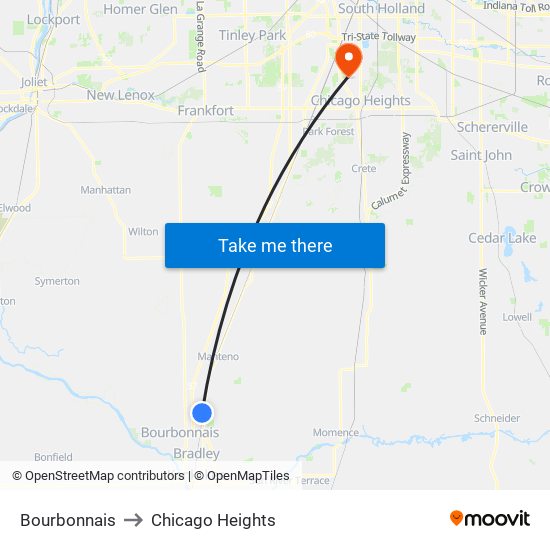 Bourbonnais to Chicago Heights map