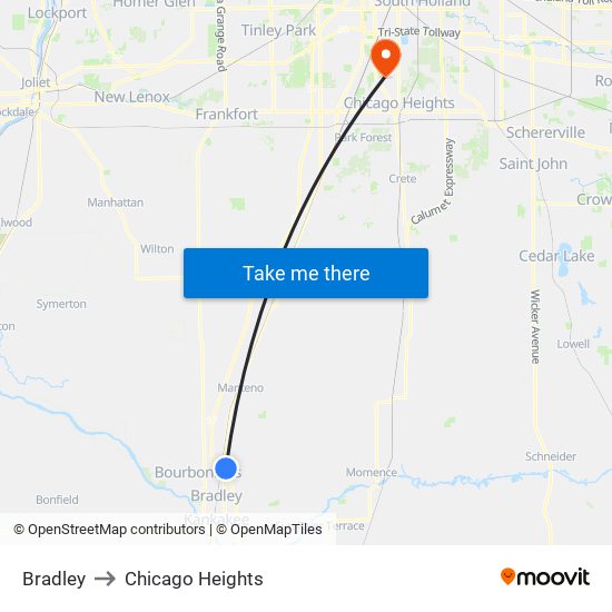 Bradley to Chicago Heights map