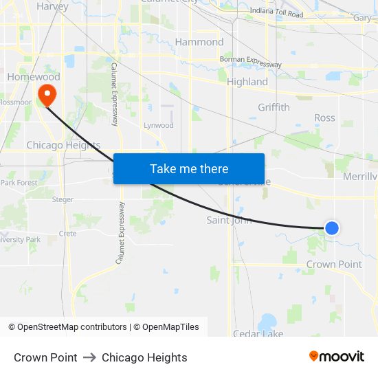 Crown Point to Chicago Heights map