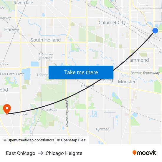 East Chicago to Chicago Heights map