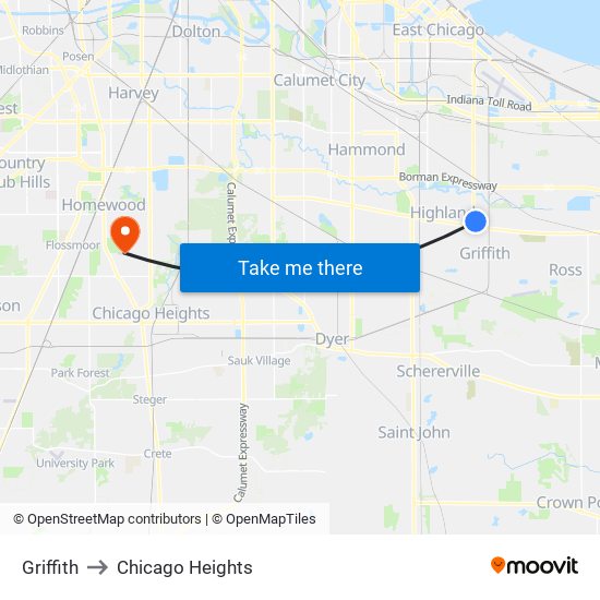 Griffith to Chicago Heights map