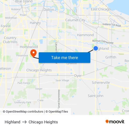 Highland to Chicago Heights map