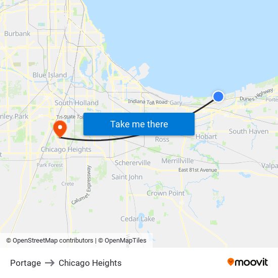 Portage to Chicago Heights map