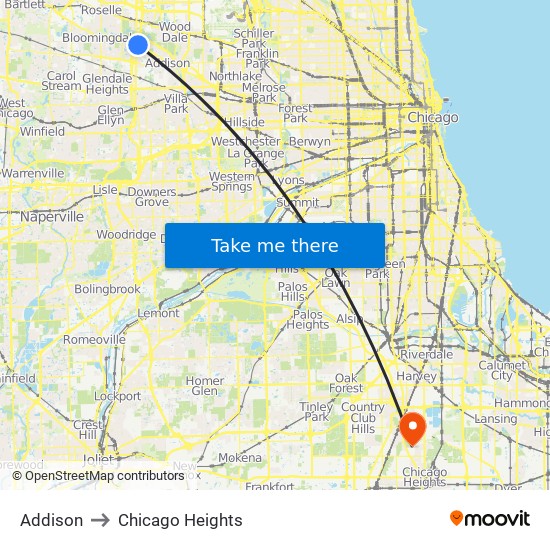 Addison to Chicago Heights map