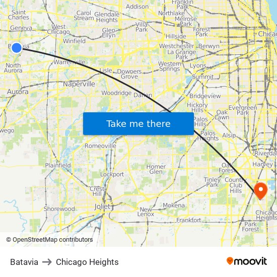 Batavia to Chicago Heights map