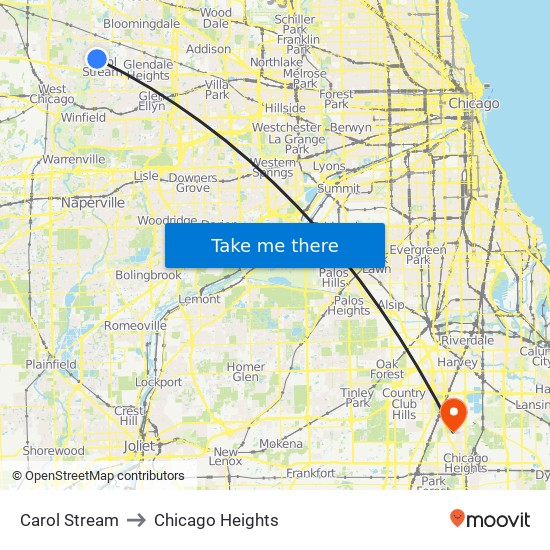 Carol Stream to Chicago Heights map