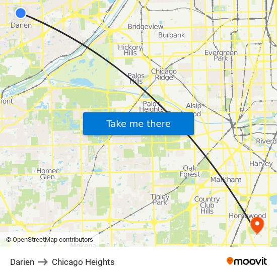 Darien to Chicago Heights map