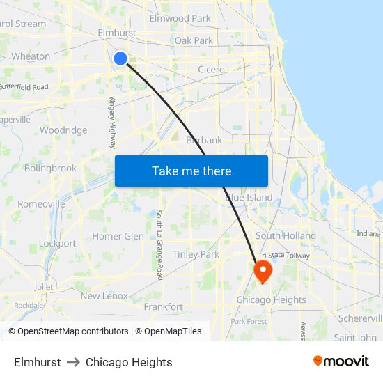 Elmhurst to Chicago Heights map