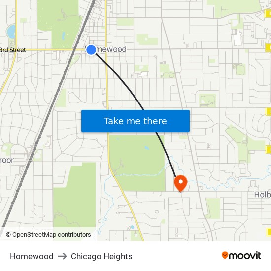 Homewood to Chicago Heights map