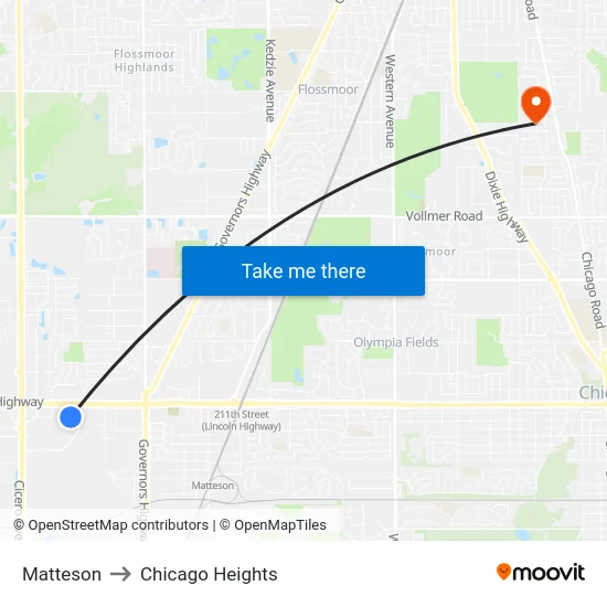 Matteson to Chicago Heights map