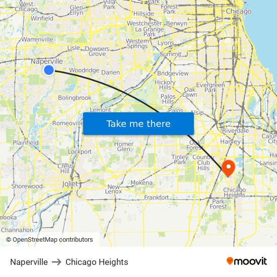 Naperville to Chicago Heights map