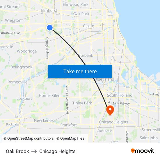 Oak Brook to Chicago Heights map