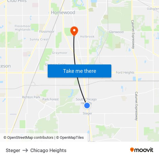 Steger to Chicago Heights map