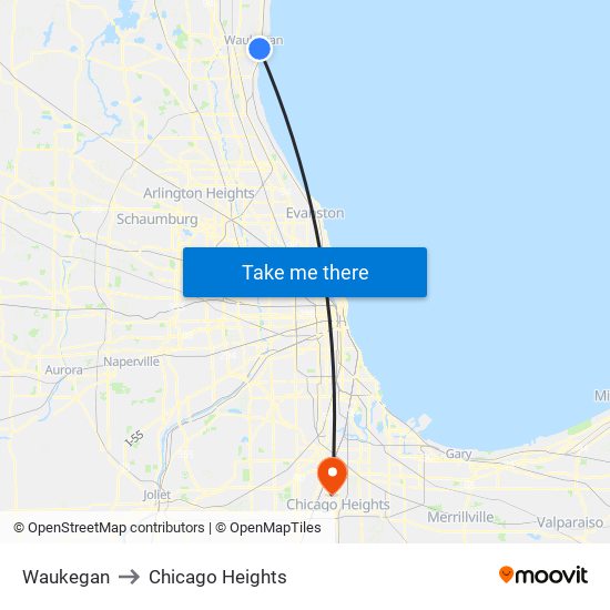 Waukegan to Chicago Heights map
