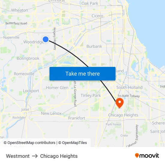 Westmont to Chicago Heights map