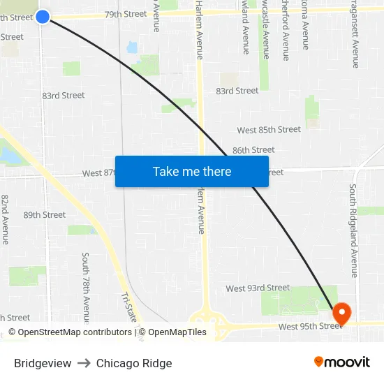Bridgeview to Chicago Ridge map