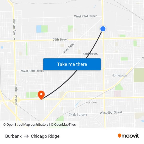 Burbank to Chicago Ridge map