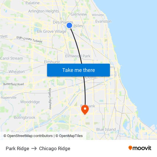 Park Ridge to Chicago Ridge map