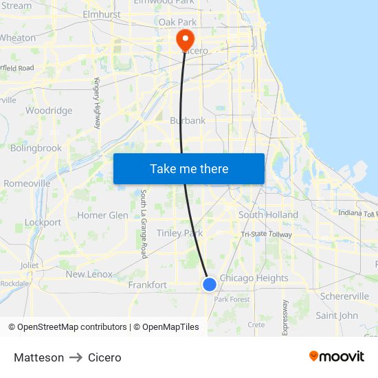 Matteson to Cicero map