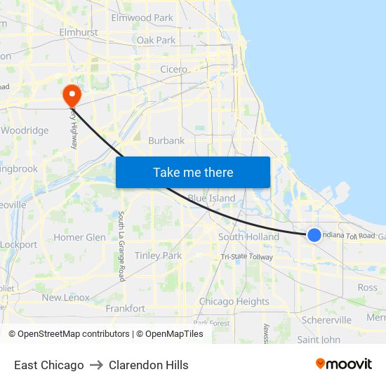 East Chicago to Clarendon Hills map