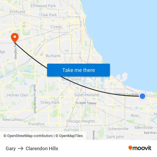 Gary to Clarendon Hills map