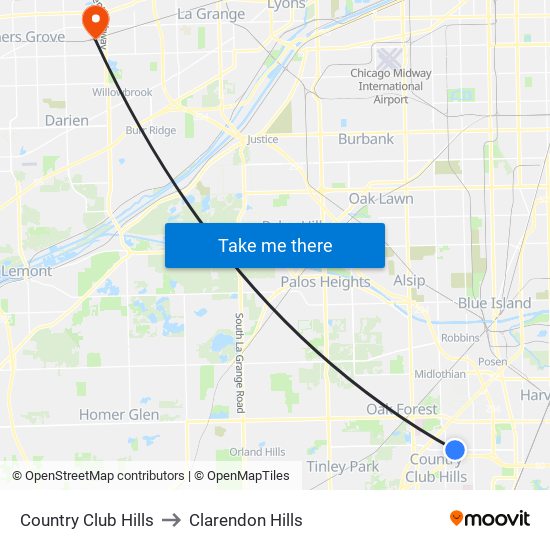 Country Club Hills to Clarendon Hills map