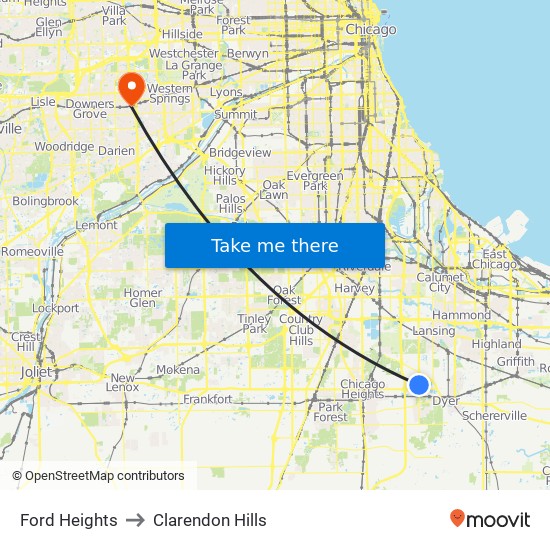 Ford Heights to Clarendon Hills map