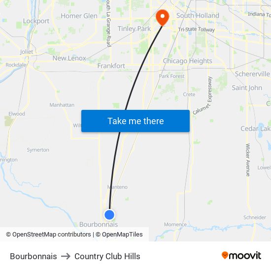Bourbonnais to Country Club Hills map