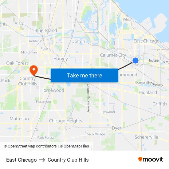 East Chicago to Country Club Hills map