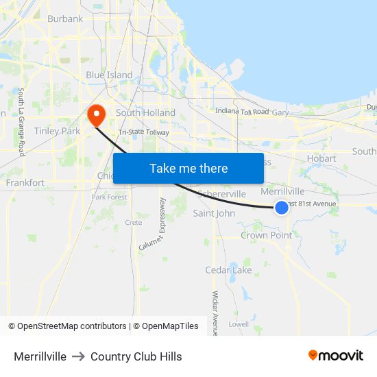 Merrillville to Country Club Hills map