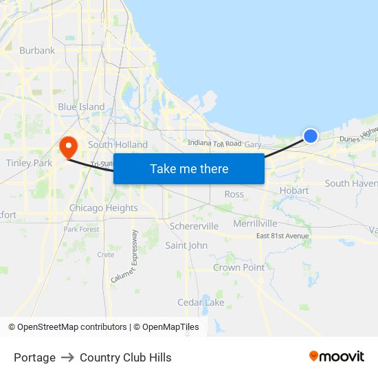 Portage to Country Club Hills map