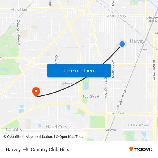 Harvey to Country Club Hills map