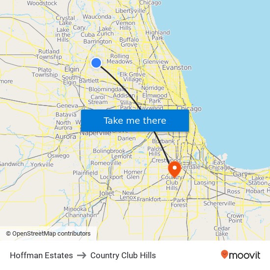 Hoffman Estates to Country Club Hills map