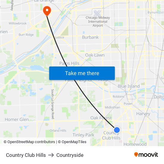 Country Club Hills to Countryside map