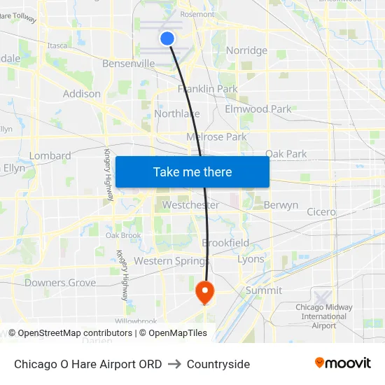 Chicago O Hare Airport ORD to Countryside map