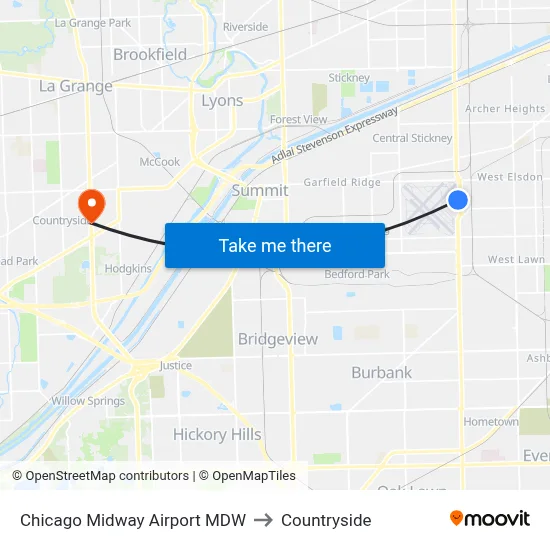 Chicago Midway Airport MDW to Countryside map