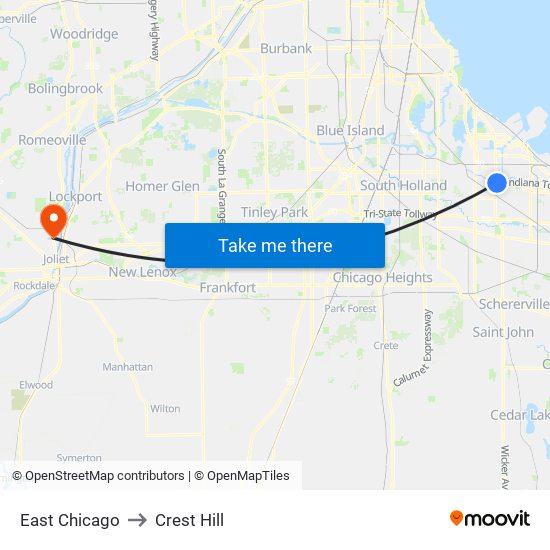 East Chicago to Crest Hill map
