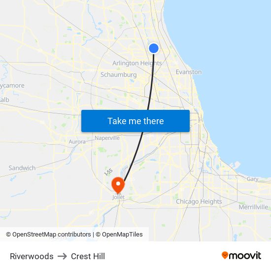 Riverwoods to Crest Hill map