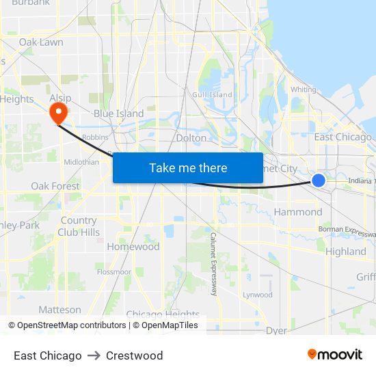 East Chicago to Crestwood map