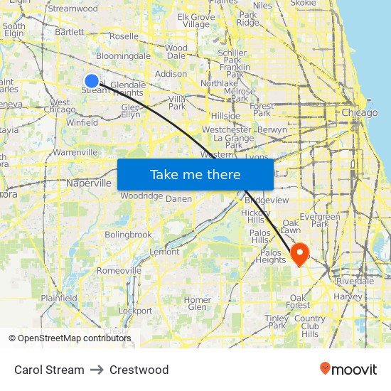 Carol Stream to Crestwood map