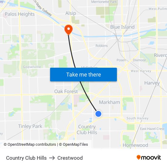 Country Club Hills to Crestwood map